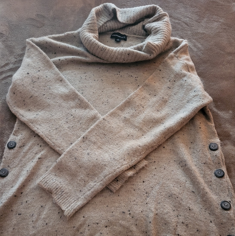 Light Brown Cowl Neck Sweater with Button Accents
